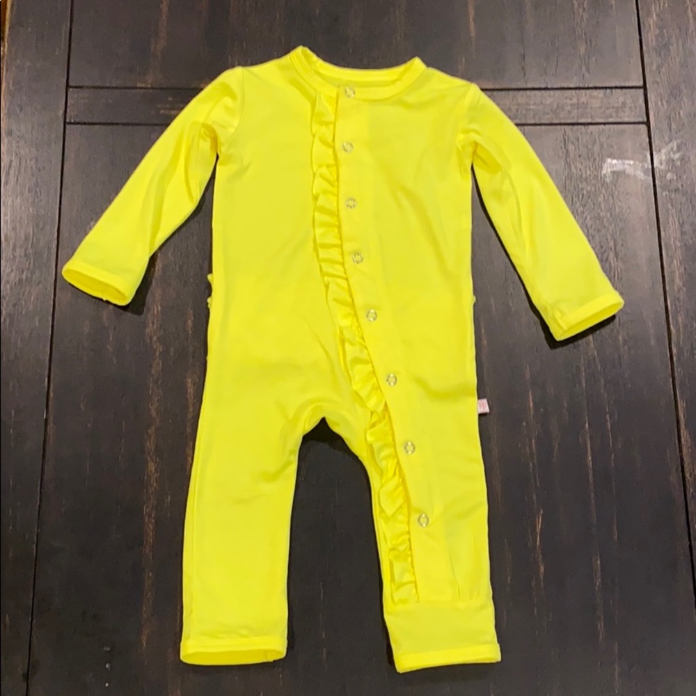 Posh peanut Neon yellow ruffled snap romper